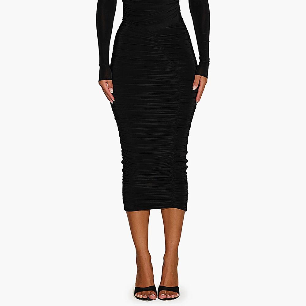 Naked Wardrobe Black Hourglass V-Waist Ruched Midi Skirt Size L